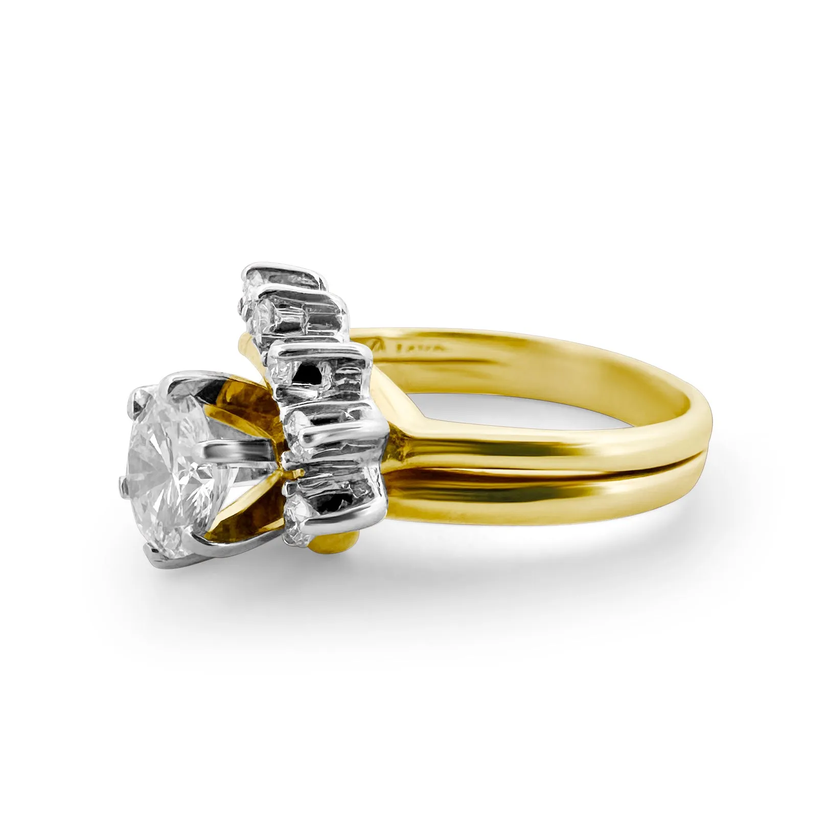 0.75 Carat Center Round Brilliant Diamond 14k Yellow Gold Wedding Set Ring