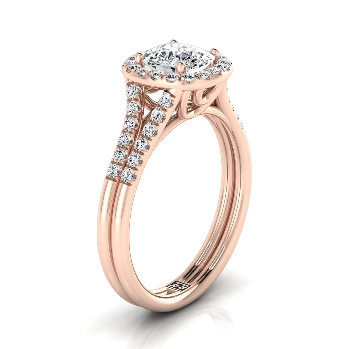 14K Rose Gold Cushion French Pave Split Shank Halo Engagement Ring -3/8ctw