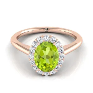 14K Rose Gold Oval Peridot Shared Prong Diamond Halo Engagement Ring -1/5ctw