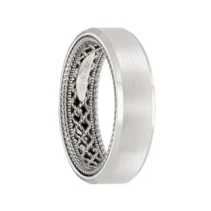 14k White Gold Wedding Band Rope Net Inner Design Flat Satin Finish Beveled Edges by Artcarved - 6 mm