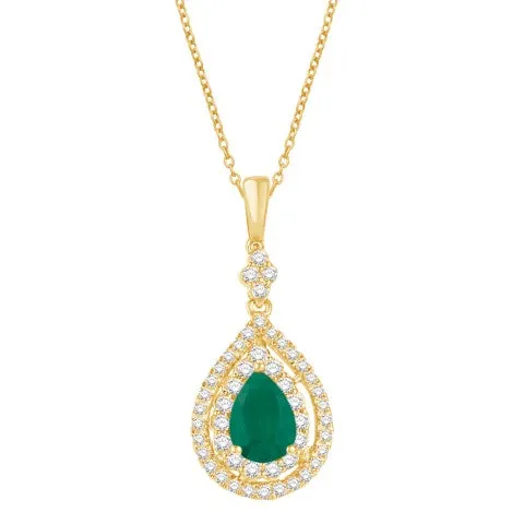 14K Yellow Gold 0.85 Carat (0.56 Emerald) Pear Pendant With Chain