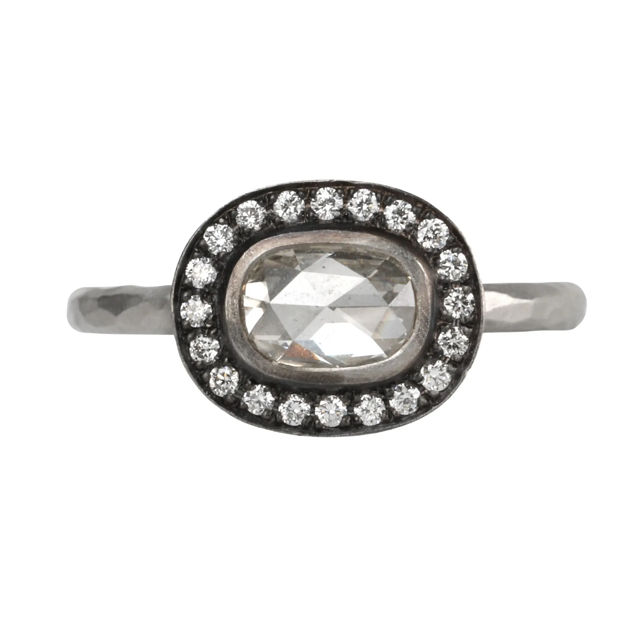 18K White Gold Oval Diamond Ring with Pave Diamond Halo