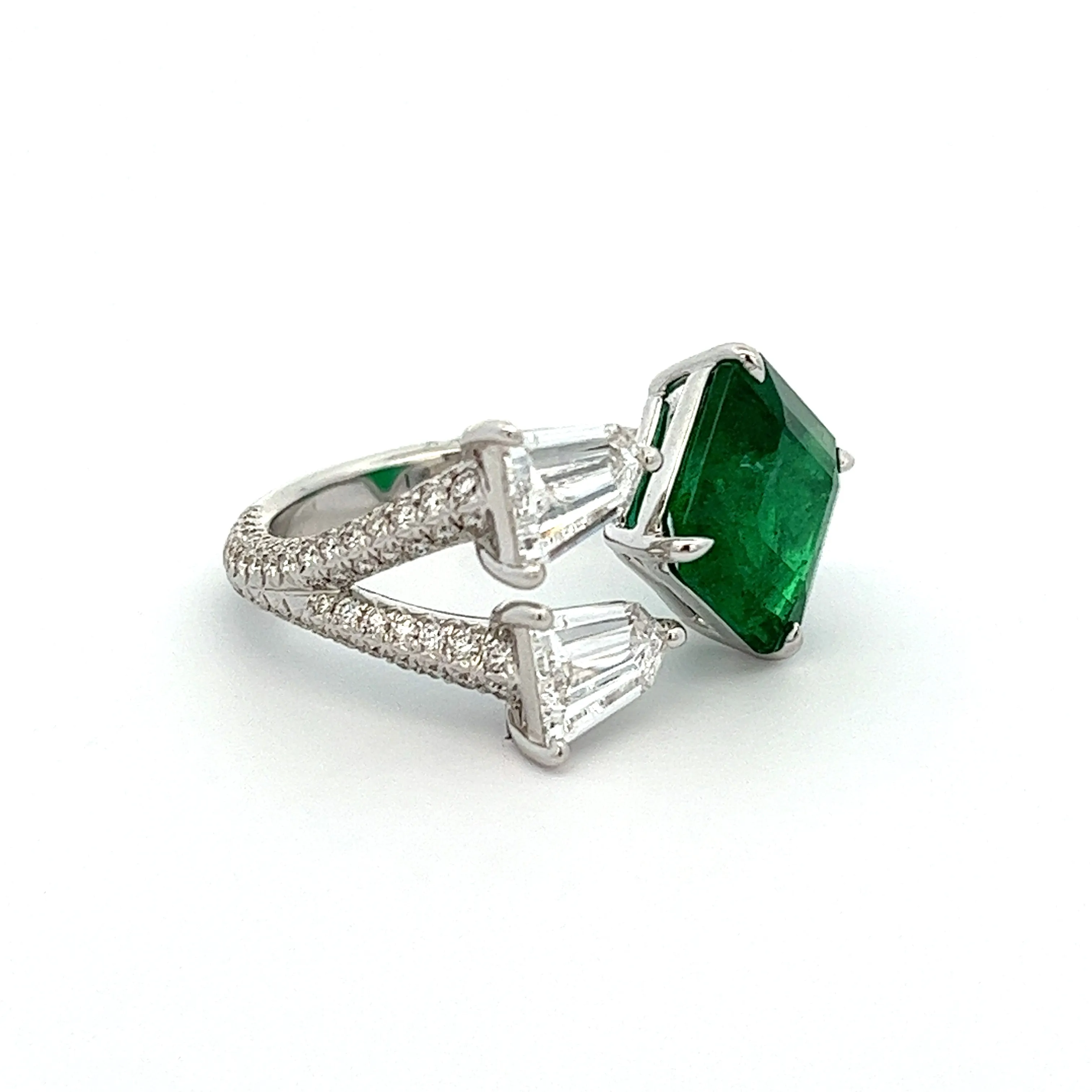 18k White Gold Shield Cut Diamond & Emerald Bypass Ring