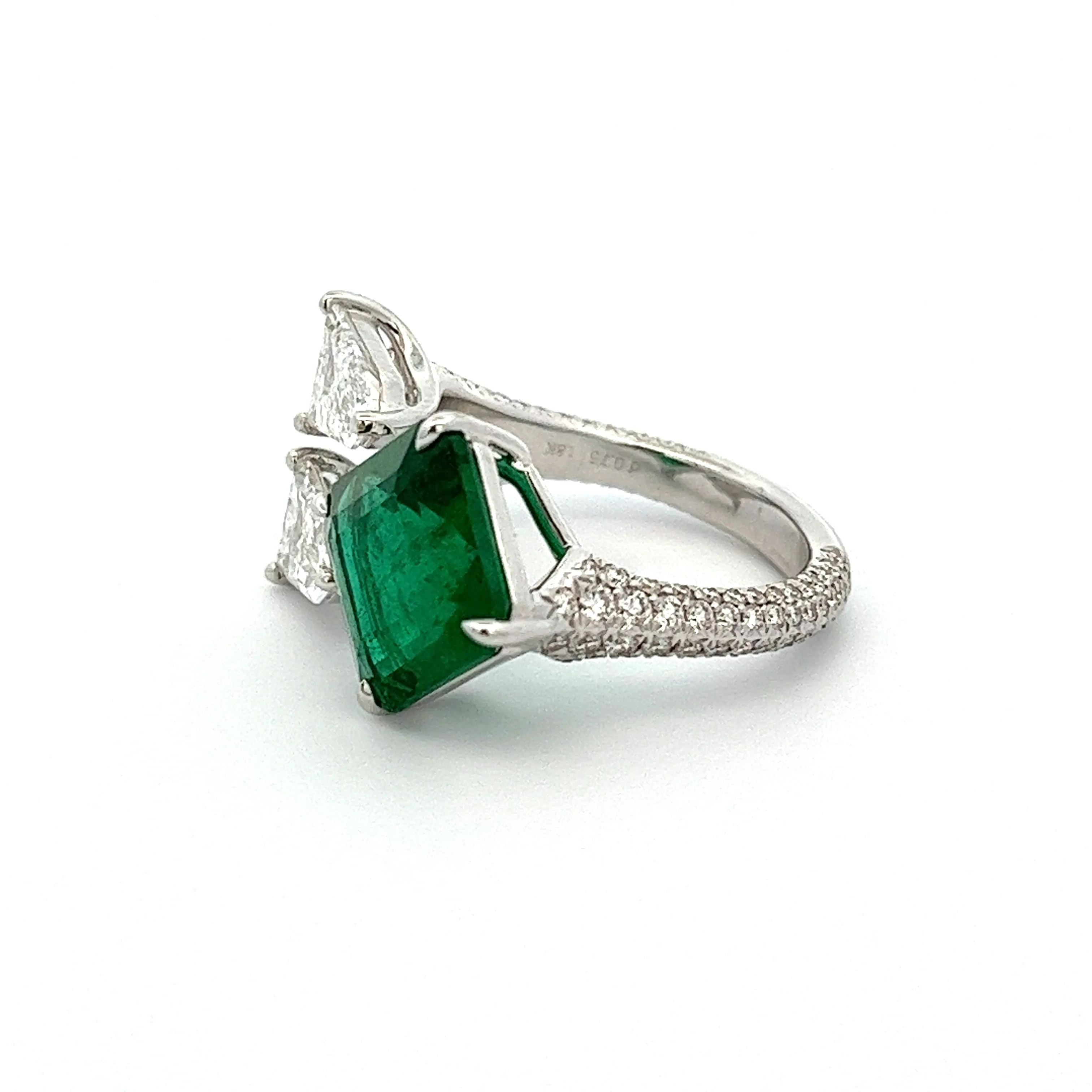 18k White Gold Shield Cut Diamond & Emerald Bypass Ring