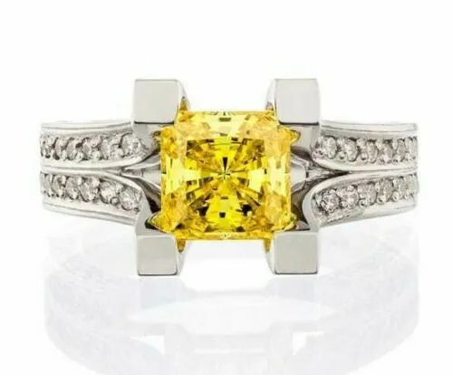 2 Carat Princess Cut Canary and Pave Cubic Zirconia Split Band Engagement Ring