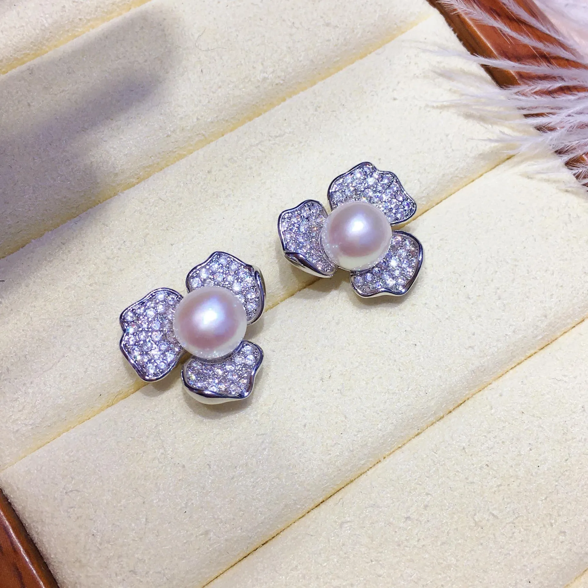 5-5.5mm Cubic Zirconia Floral Pearl Earrings