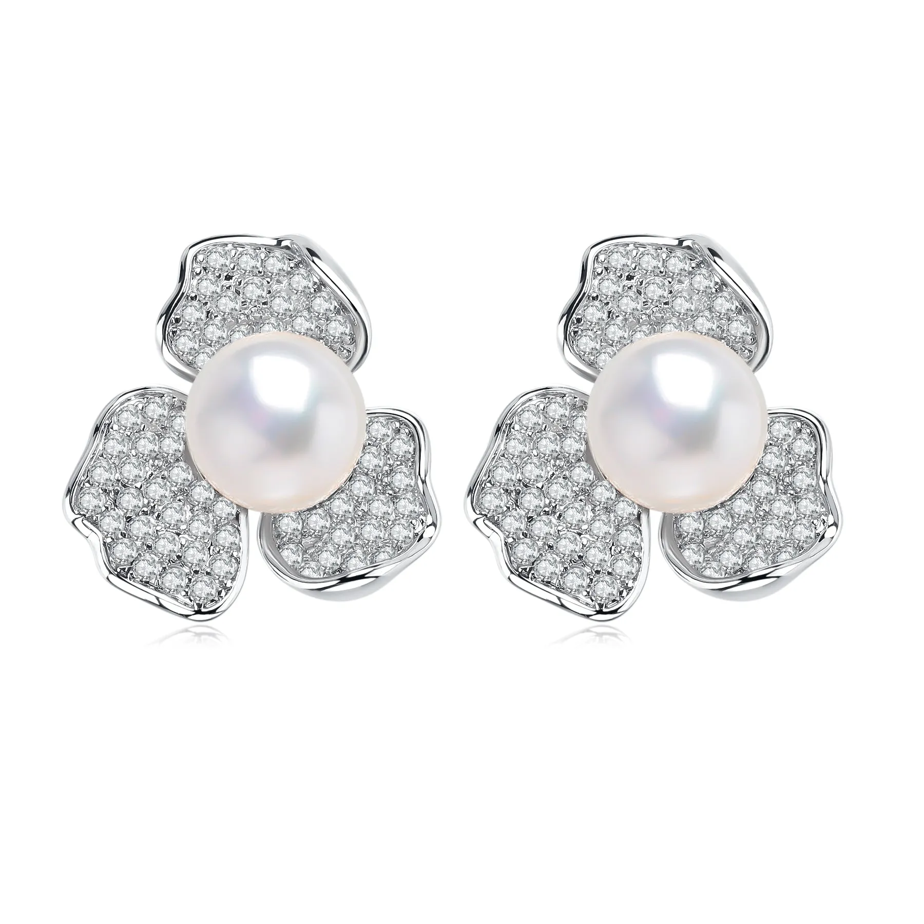 5-5.5mm Cubic Zirconia Floral Pearl Earrings