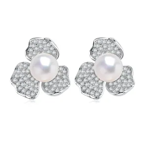 5-5.5mm Cubic Zirconia Floral Pearl Earrings