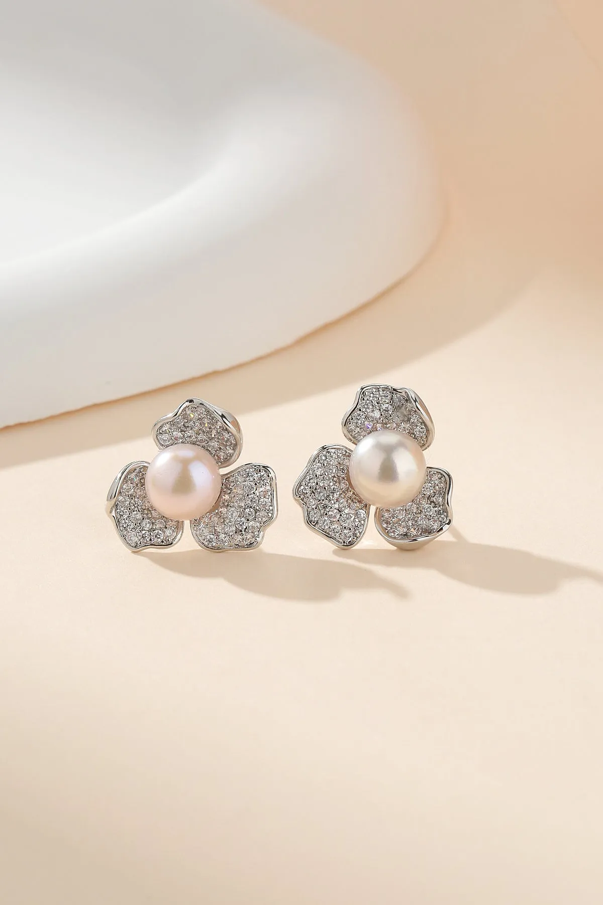 5-5.5mm Cubic Zirconia Floral Pearl Earrings