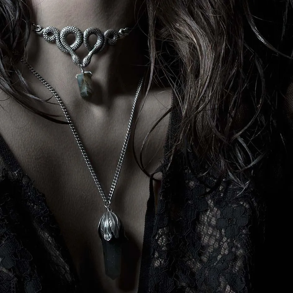 A DARK LURE. Snake & Black Agate Gemstone Chain Choker