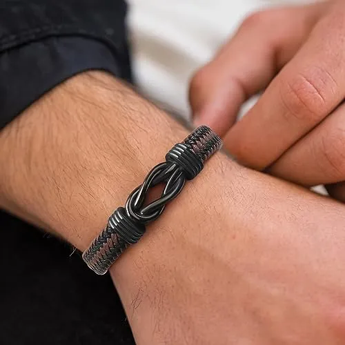 Birthday Gifts for Men Anniversary Mens Gifts Leather Bracelet Infinity Knot Leather Bracelet forever Linked Together Bracelet Christmas Bracelet Idea Mens Black Braided Cuff Bracelet 8.5 Inches