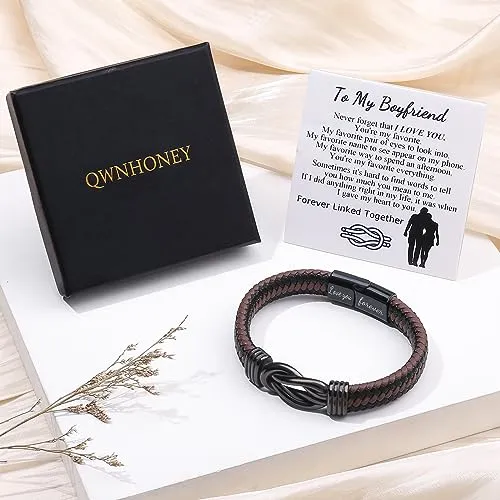 Birthday Gifts for Men Anniversary Mens Gifts Leather Bracelet Infinity Knot Leather Bracelet forever Linked Together Bracelet Christmas Bracelet Idea Mens Black Braided Cuff Bracelet 8.5 Inches