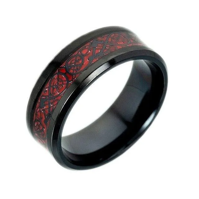 Black Celtic Dragon Inlay and White Cubic Zirconia Stainless Steel Wedding Ring Set