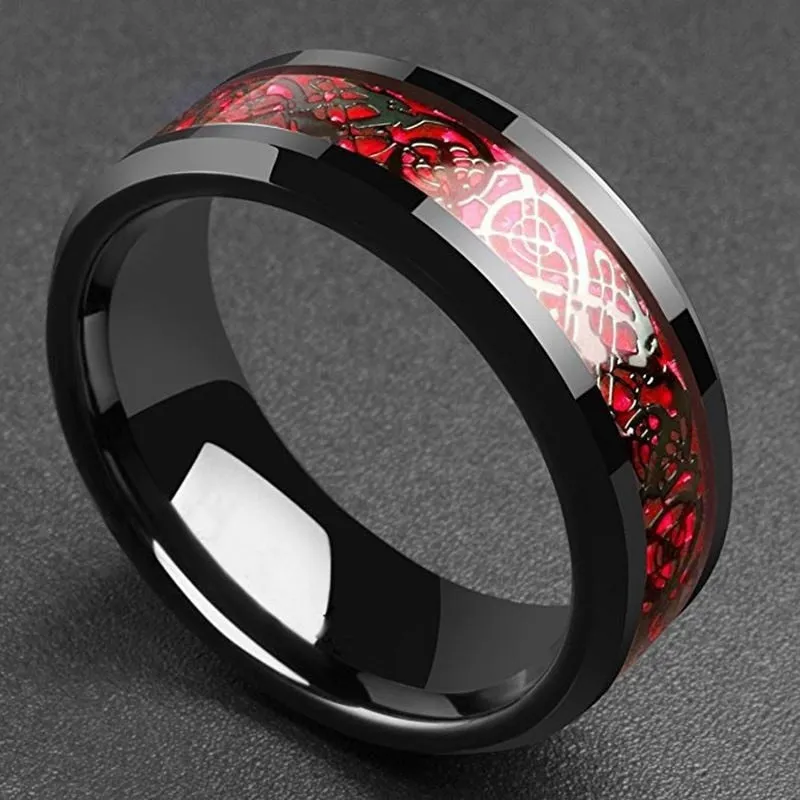 Black Celtic Dragon Inlay and White Cubic Zirconia Stainless Steel Wedding Ring Set