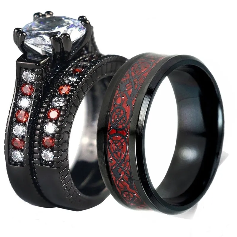 Black Celtic Dragon Inlay and White Cubic Zirconia Stainless Steel Wedding Ring Set