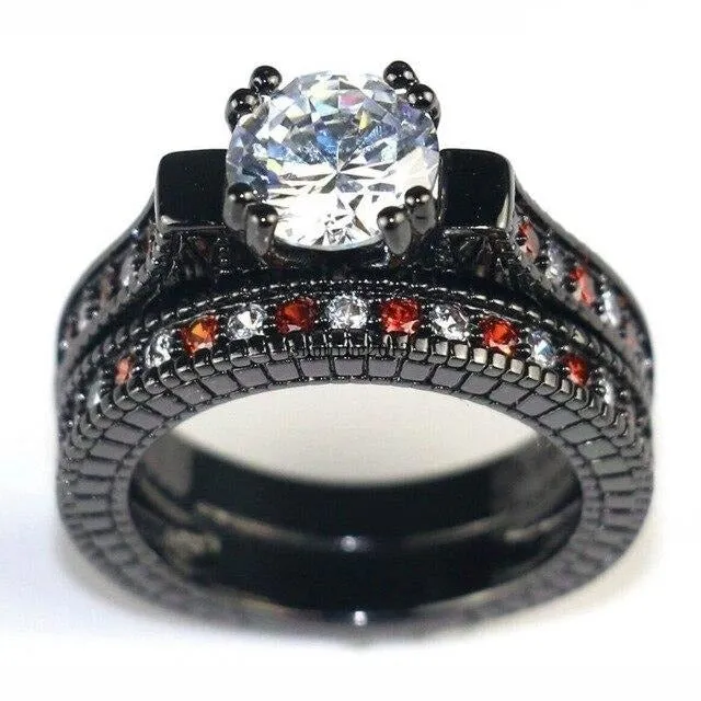 Black Celtic Dragon Inlay and White Cubic Zirconia Stainless Steel Wedding Ring Set