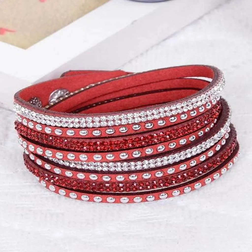 Blue, Red, or White Leather Wrap Crystal Studded Bracelet