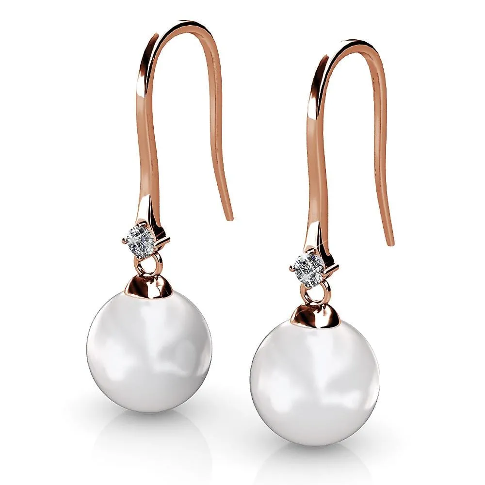 Boxed 2 Pairs Magnificent Pearl Hook Earrings Set Embellished with SWAROVSKI Crystal Iridescent Tahitian Look Pearls in Rose Gold