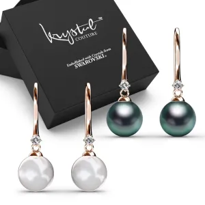 Boxed 2 Pairs Magnificent Pearl Hook Earrings Set Embellished with SWAROVSKI Crystal Iridescent Tahitian Look Pearls in Rose Gold