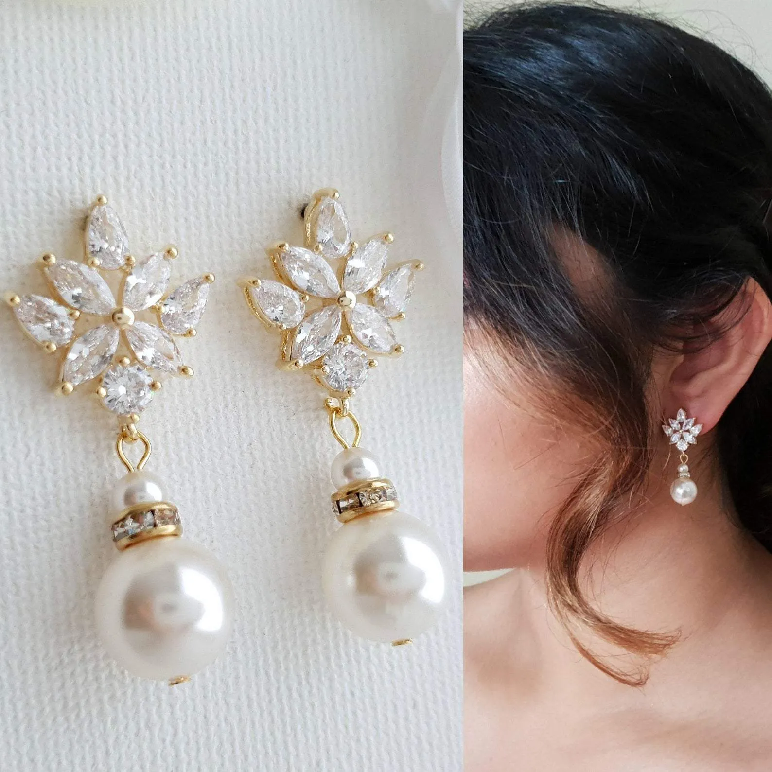 Bridal Earrings with Round Pearl Drops in Silver-Rosa