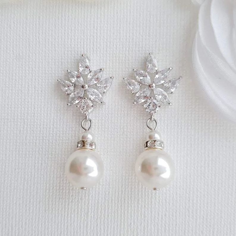 Bridal Earrings with Round Pearl Drops in Silver-Rosa