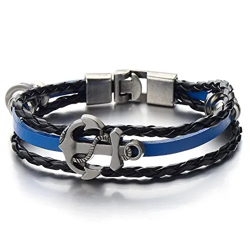 COOLSTEELANDBEYOND Mens Women Anchor Braided Leather Bracelet Multi-Strand Wristband Wrap Bracelet