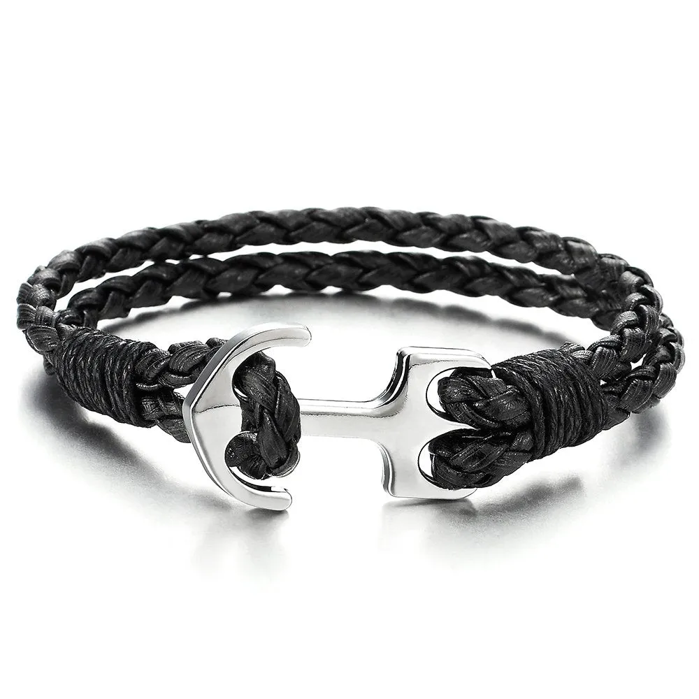 COOLSTEELANDBEYOND Mens Women Anchor Braided Leather Bracelet Multi-Strand Wristband Wrap Bracelet