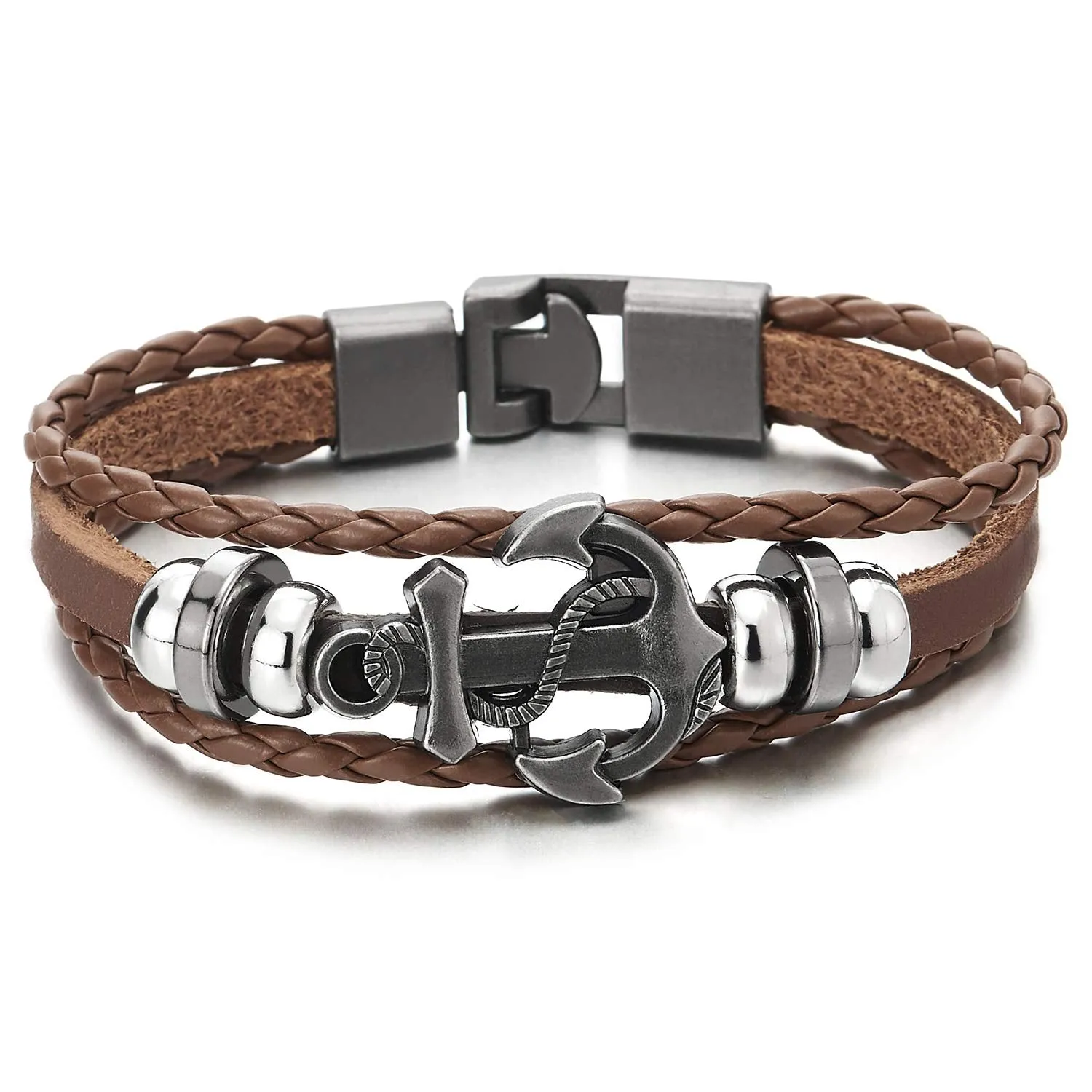 COOLSTEELANDBEYOND Mens Women Anchor Braided Leather Bracelet Multi-Strand Wristband Wrap Bracelet