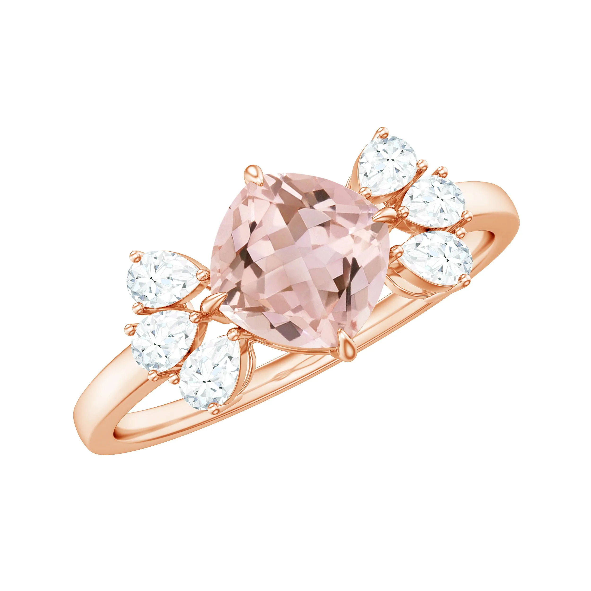 Cushion Cut Morganite Solitaire Ring with Diamond Trio