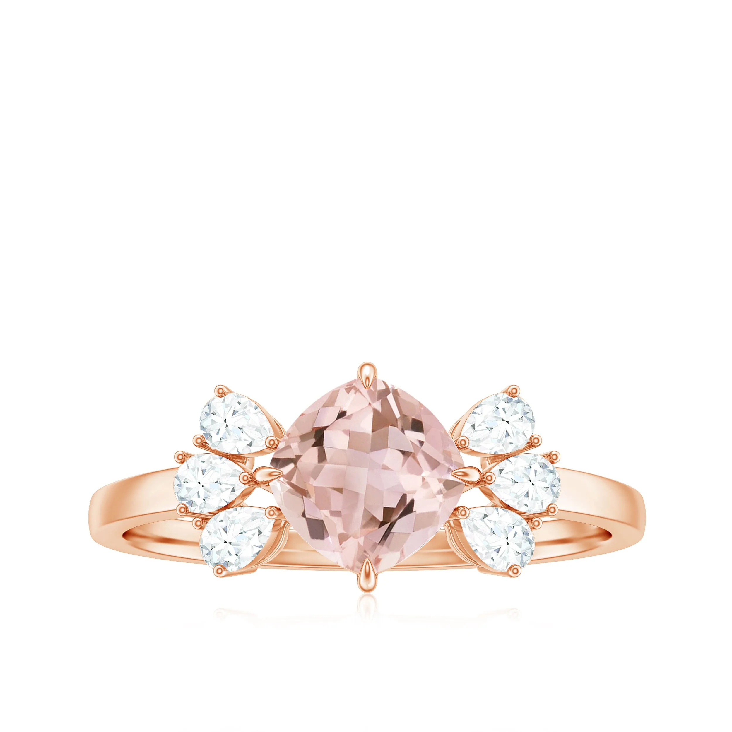 Cushion Cut Morganite Solitaire Ring with Diamond Trio