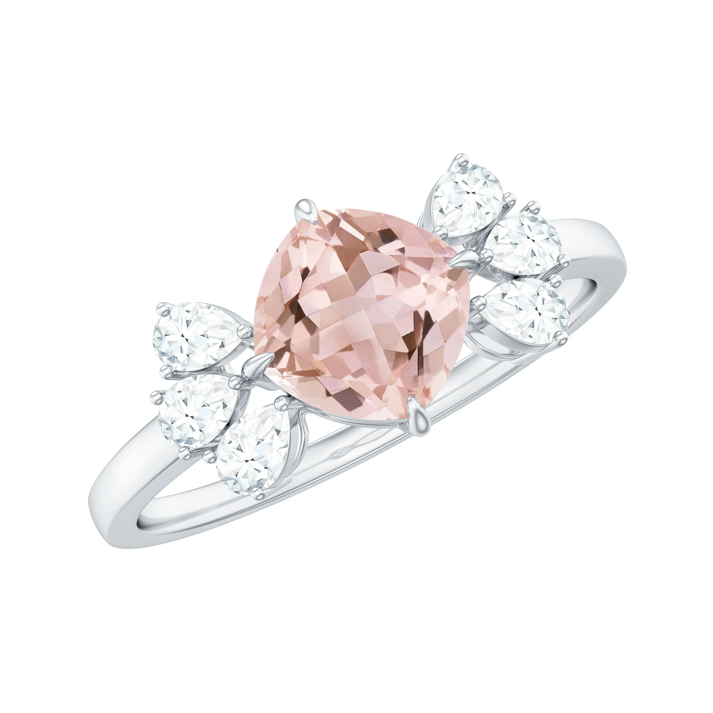 Cushion Cut Morganite Solitaire Ring with Diamond Trio