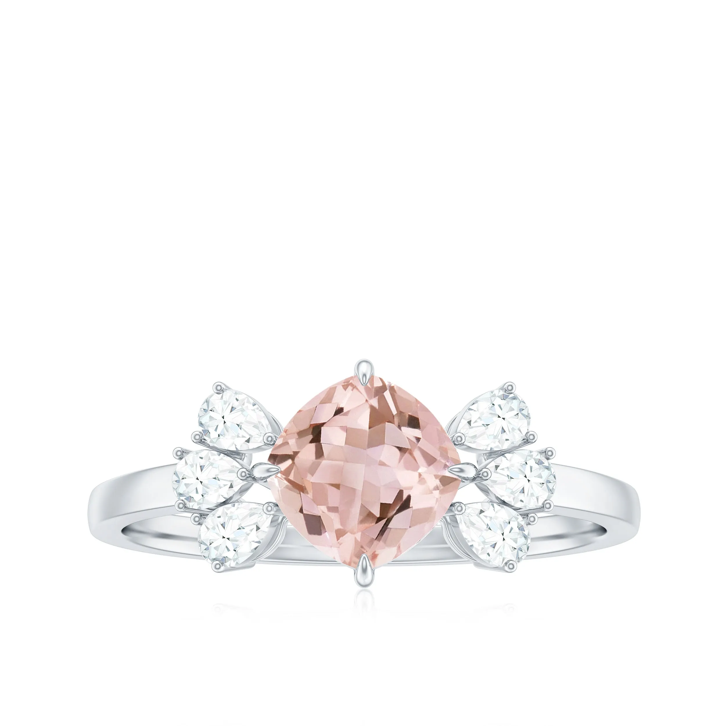 Cushion Cut Morganite Solitaire Ring with Diamond Trio