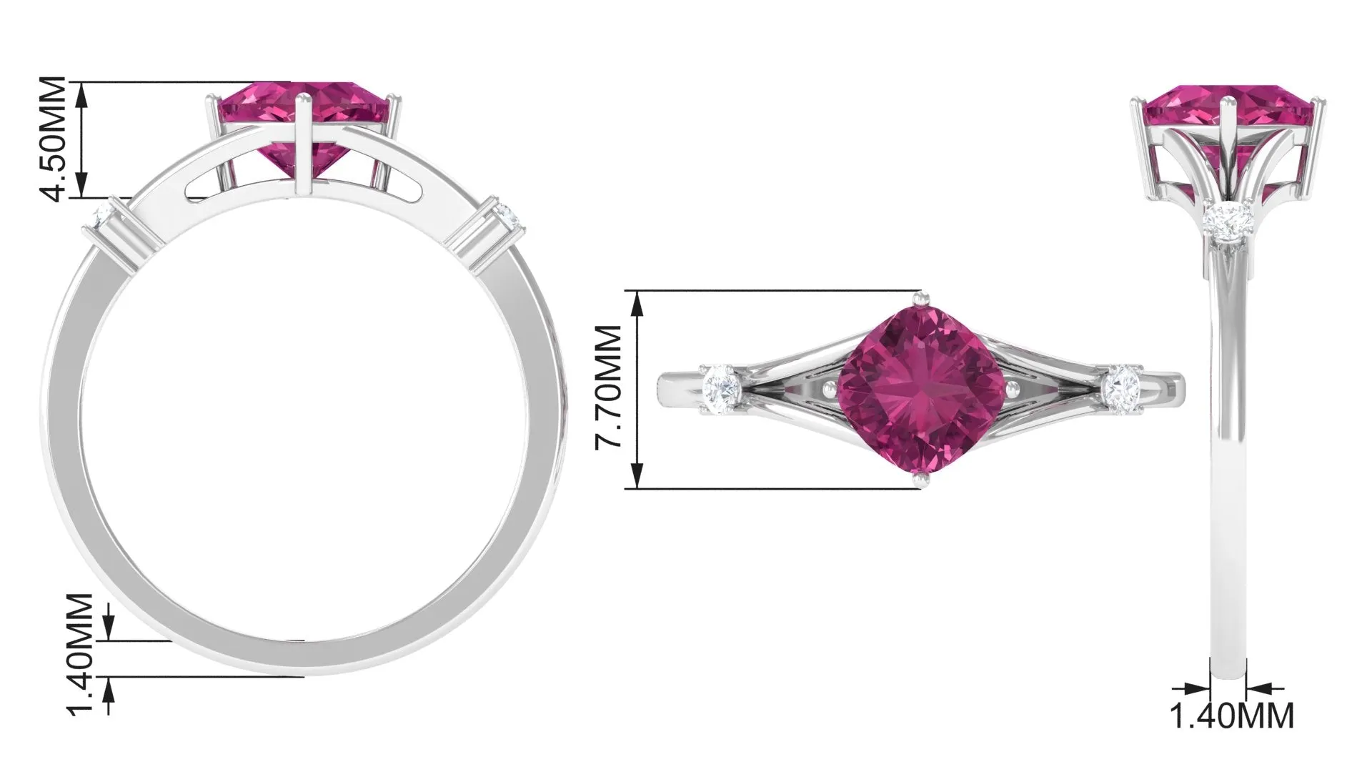 Cushion Cut Pink Tourmaline Solitaire Ring with Diamond