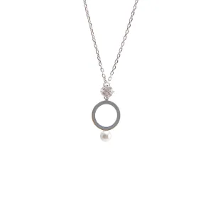 Cutout Circle Pearl and Crystal Sterling Silver Necklace