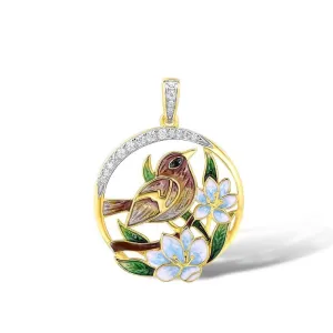 Delicate Enamel Sparrow & Flower Pendant