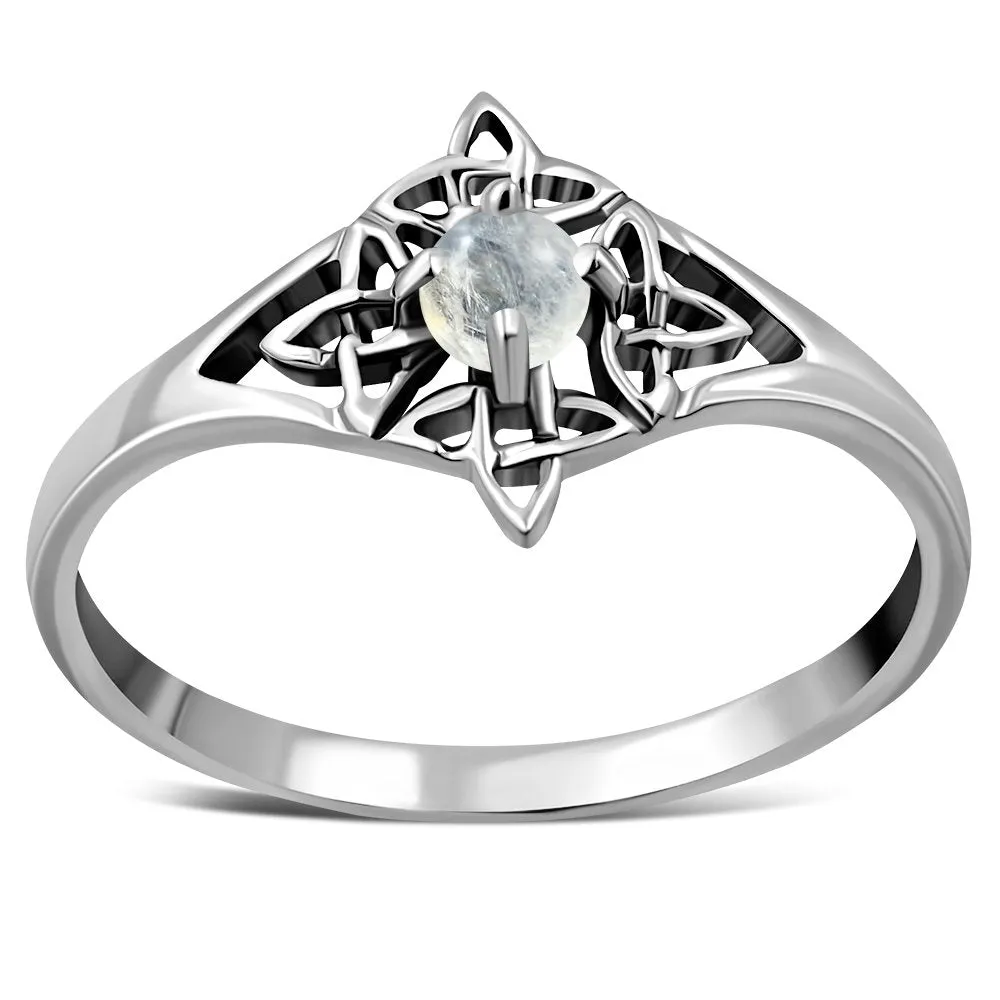 Delicate Rainbow Moonstone Celtic Silver Ring