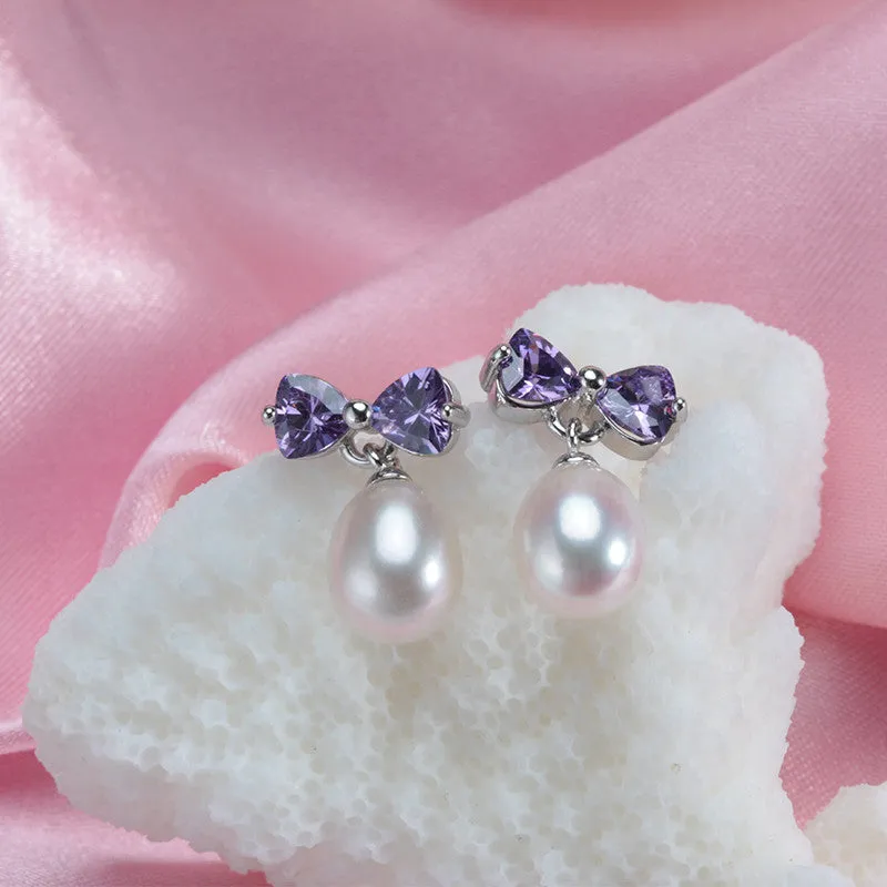 Fashion Purple Crystal Earrings,high quality natural pearl drop earring for women/girls