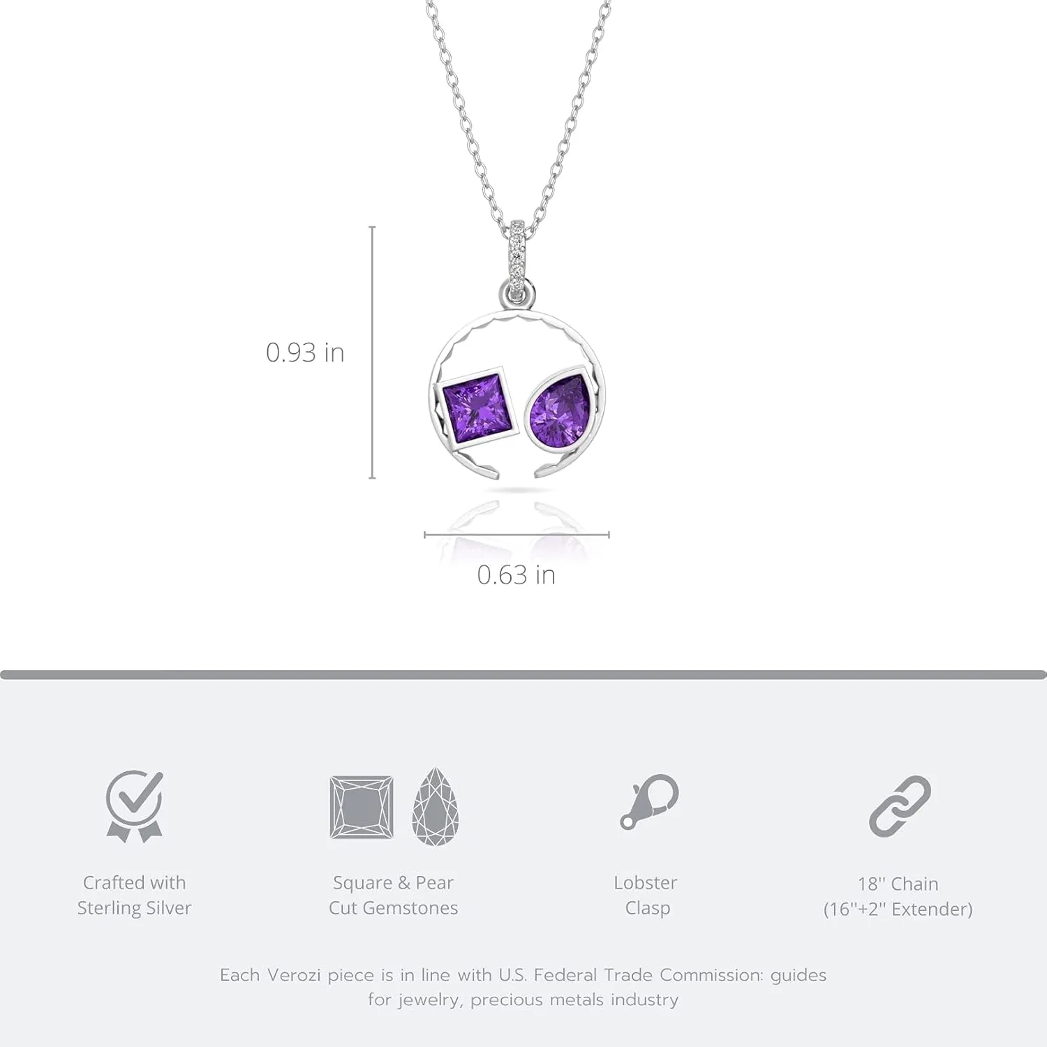 Fine Jewelry Circle Gemstone Necklace 925 Sterling Silver Pendant Necklaces, Anniversary Birthday Gifts for Women Girls Her, Pear 5X7Mm and Square Cut 5MM Gemstone, 18''