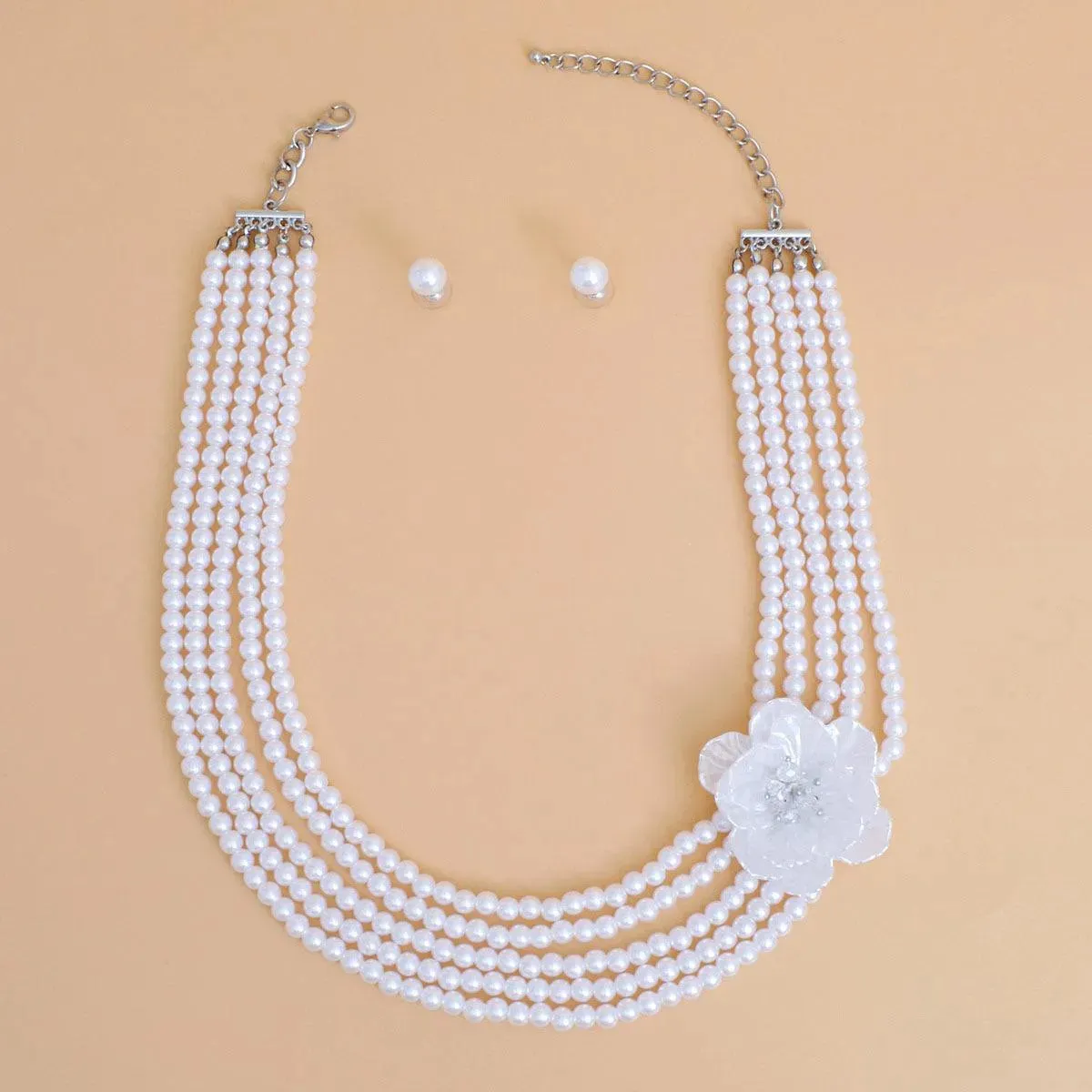 Floral Elegance: 5-Strand Acrylic White Pearl Necklace Set with Petal Flower Detail