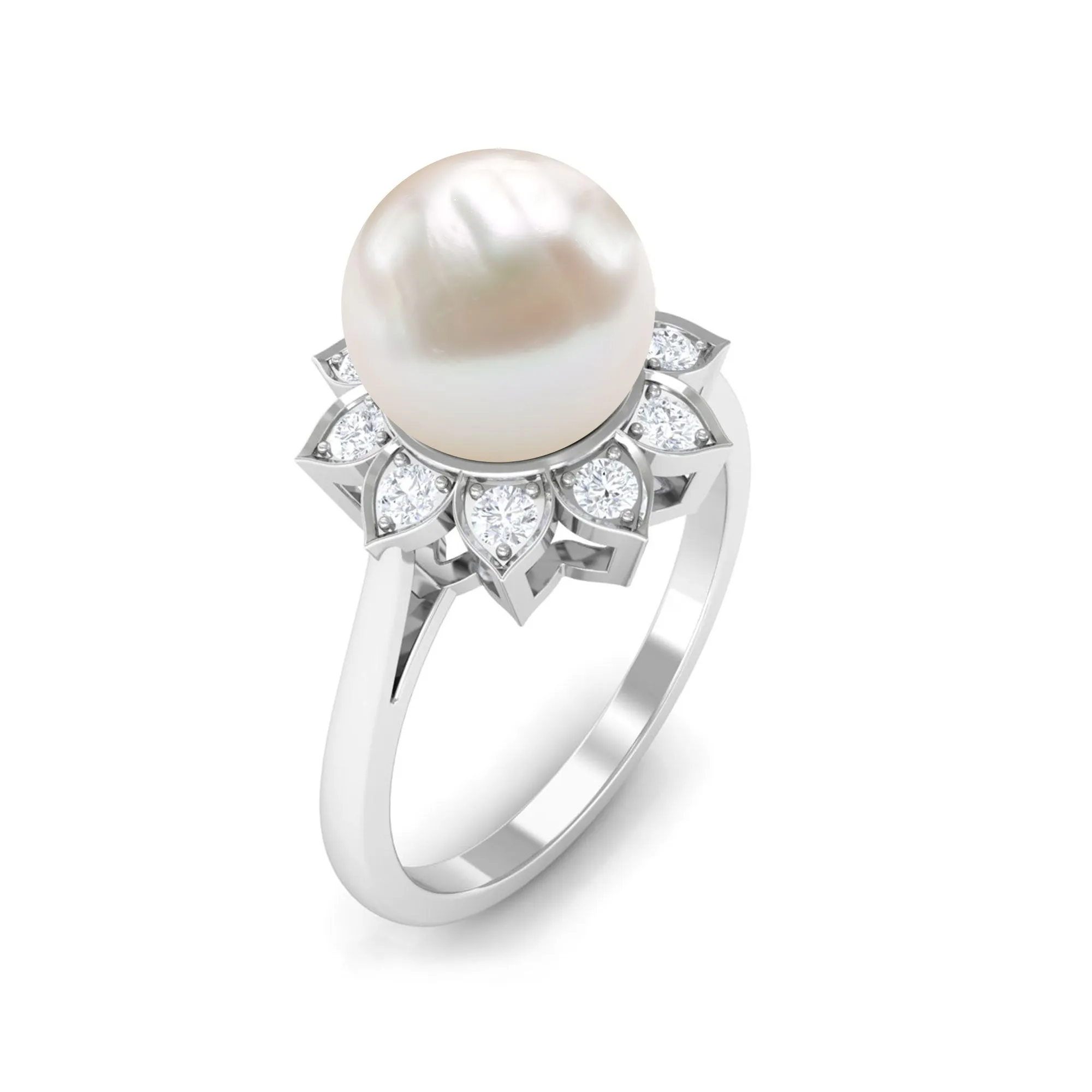 Freshwater Pearl and Diamond Flower Halo Engagement Ring