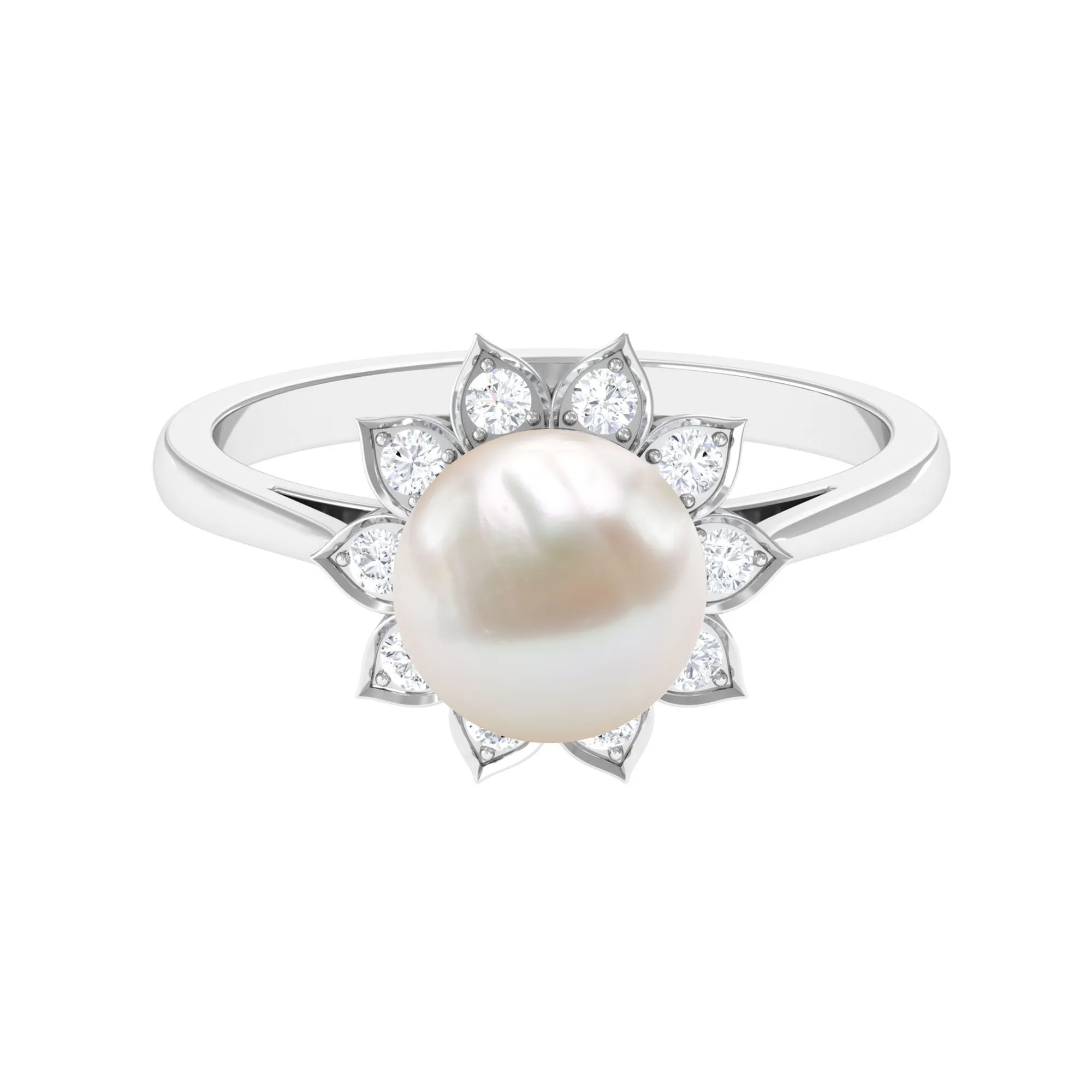 Freshwater Pearl and Diamond Flower Halo Engagement Ring