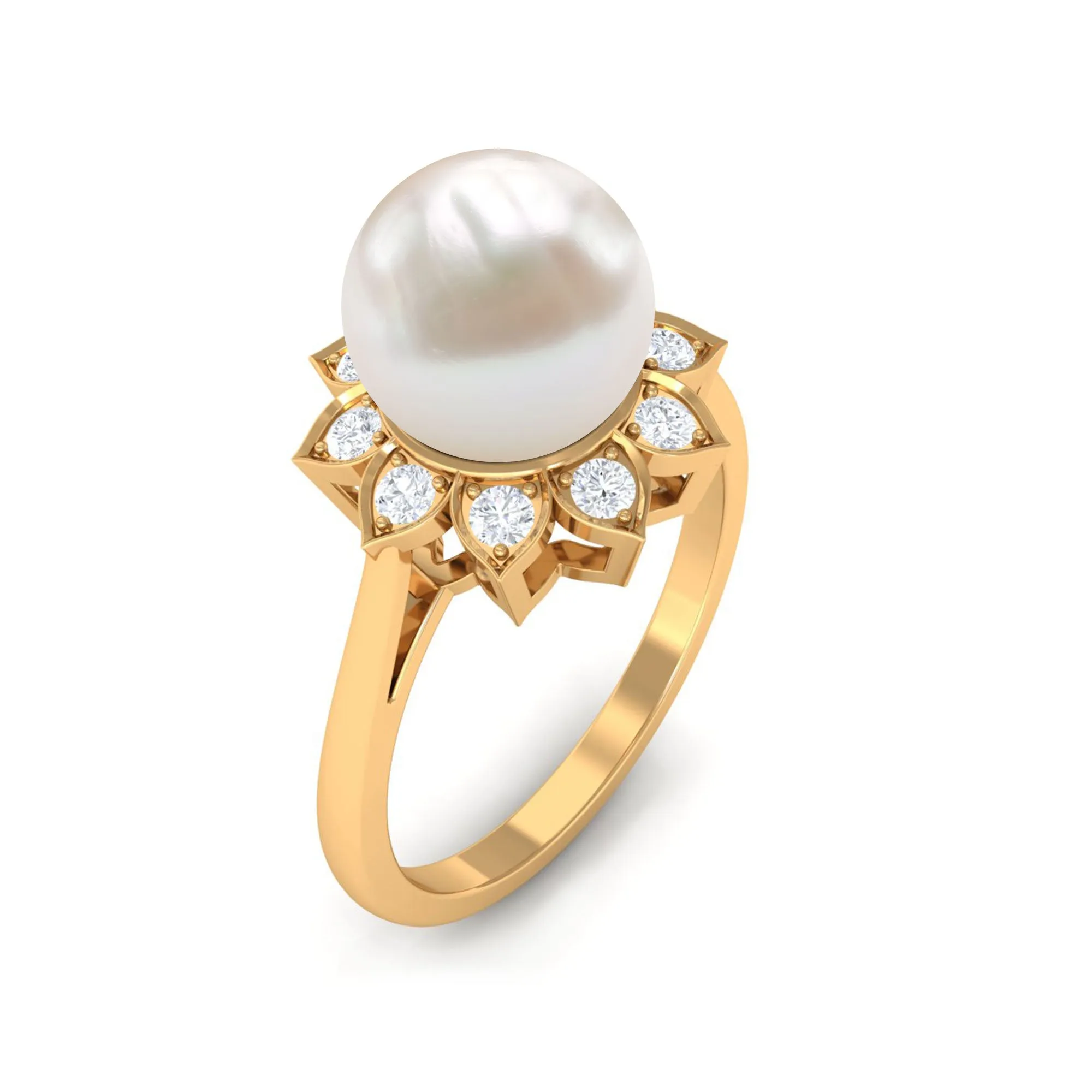 Freshwater Pearl and Diamond Flower Halo Engagement Ring