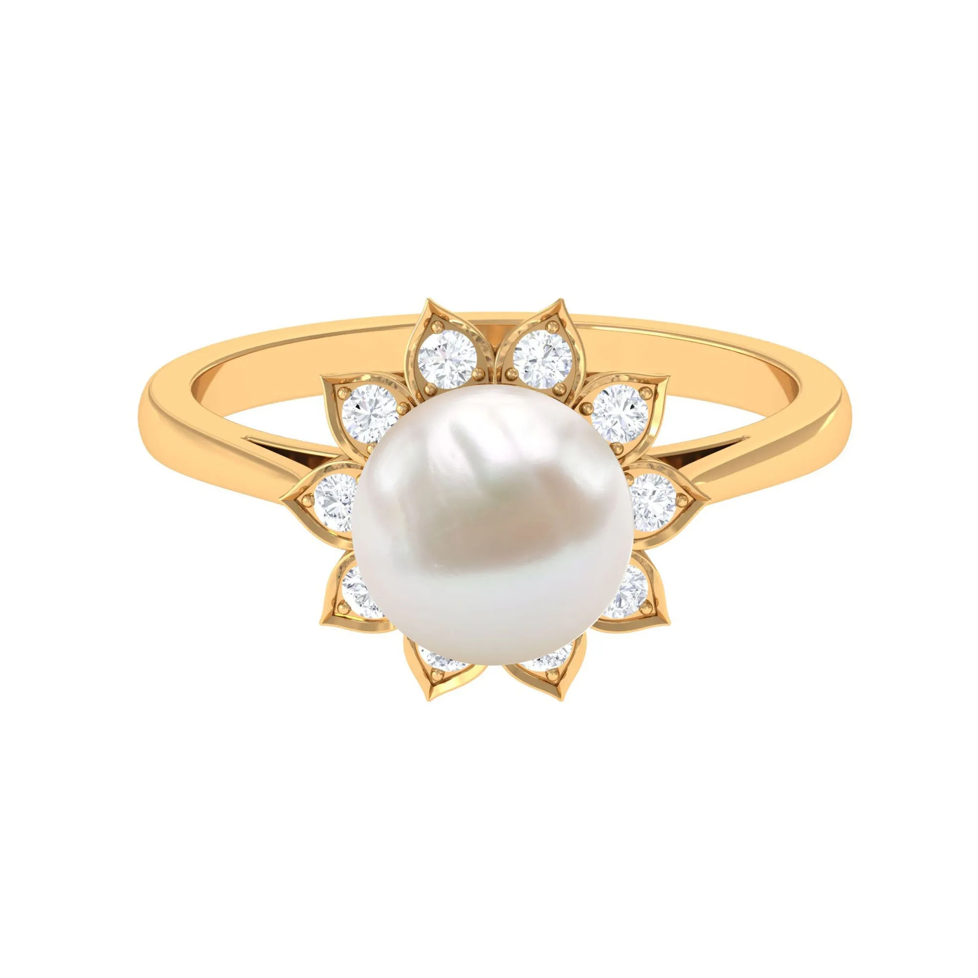 Freshwater Pearl and Diamond Flower Halo Engagement Ring