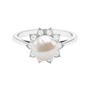 Freshwater Pearl and Diamond Flower Halo Engagement Ring