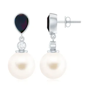 Freshwater Pearl Drop Earrings with Black Opal and Moissanite