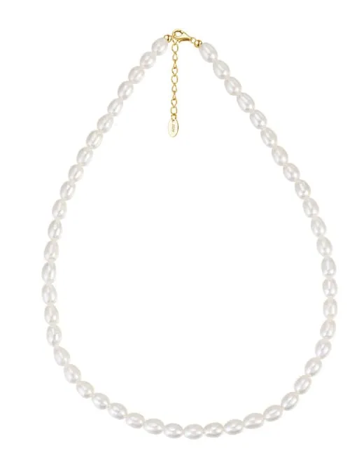 Freshwater Pearl Short Necklace, .925 Sterling Silver 18k Gold Plated Medium Size Classic Pearl Necklace