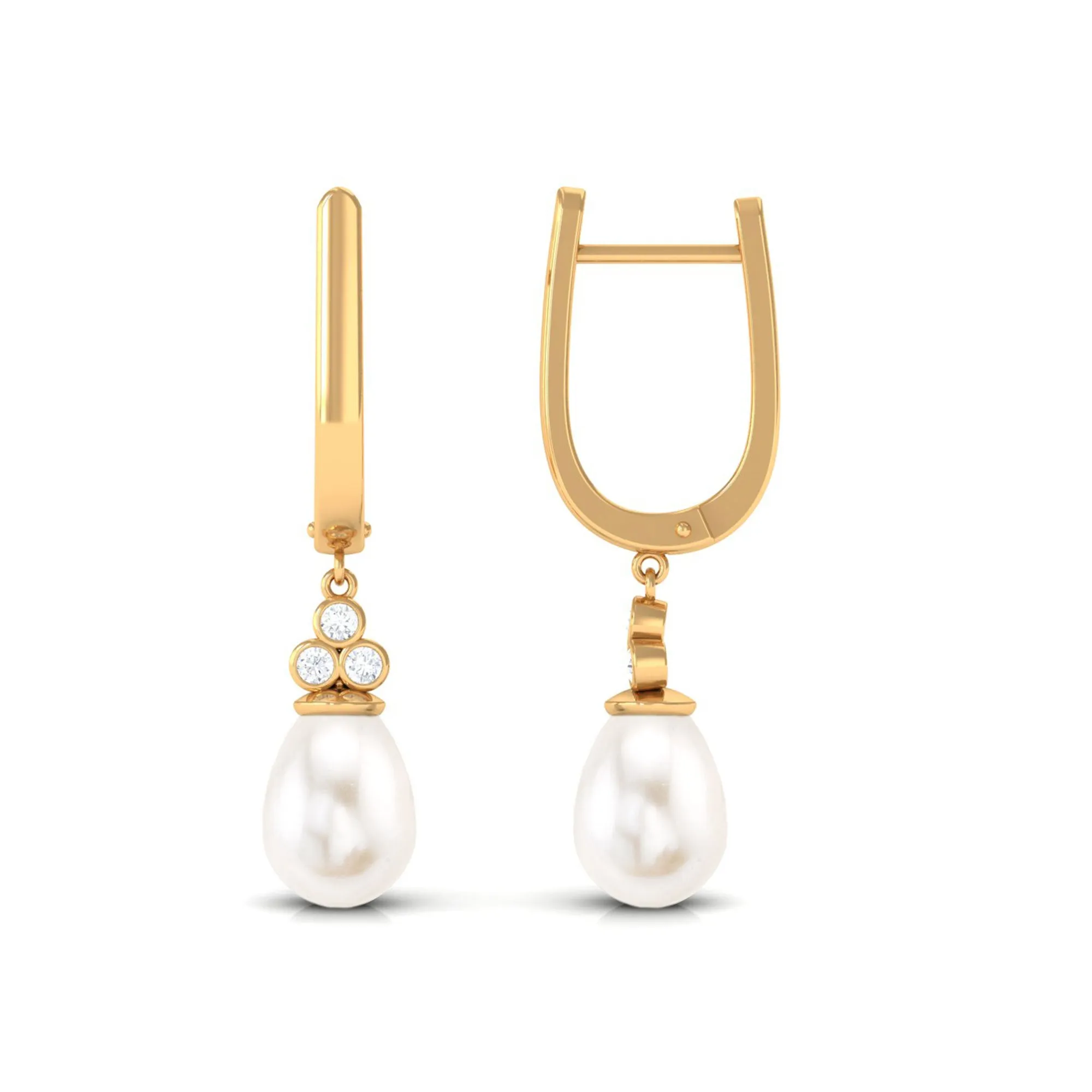 Freshwater Pearl Teardrop Latch Back Earrings with Diamond