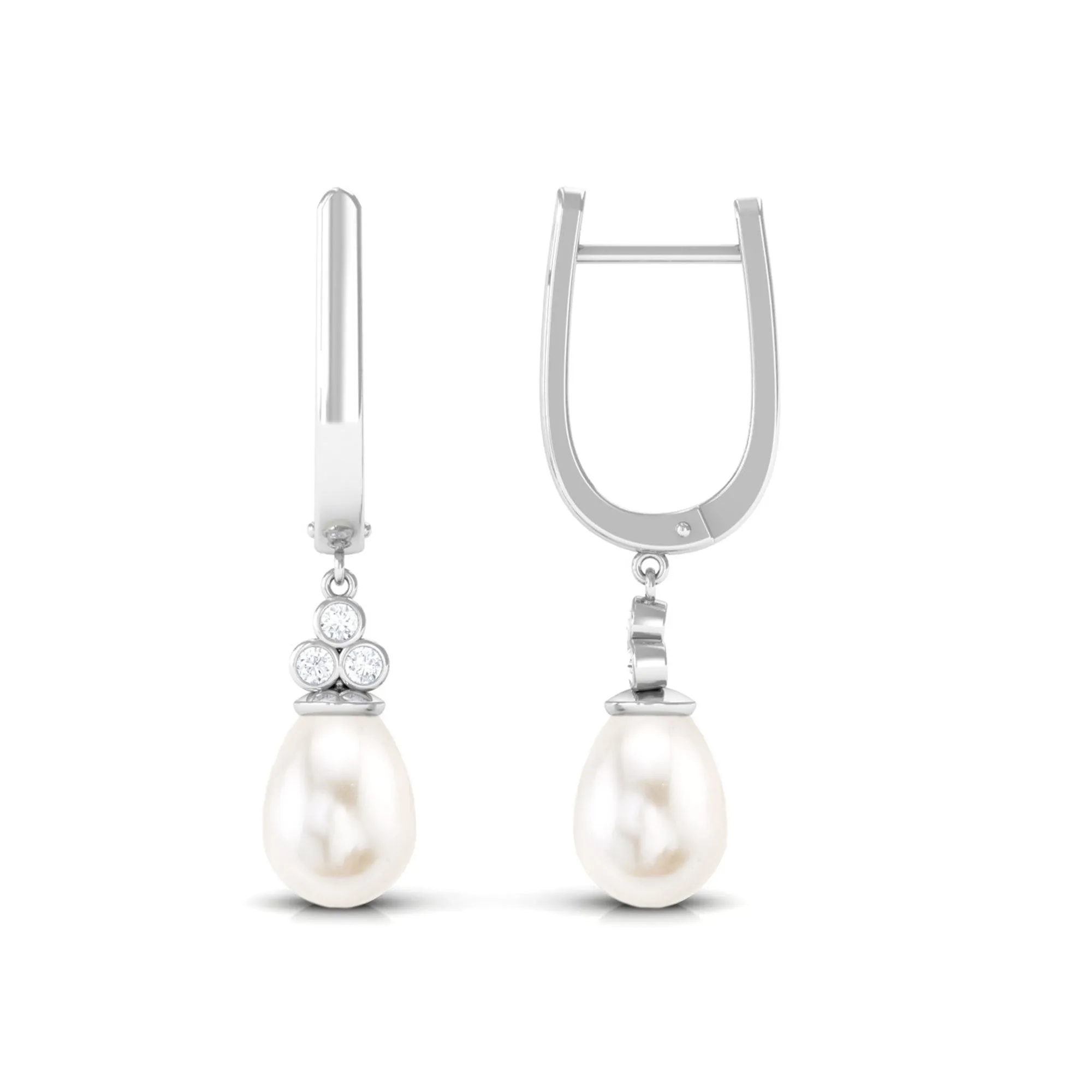 Freshwater Pearl Teardrop Latch Back Earrings with Diamond