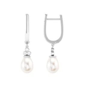 Freshwater Pearl Teardrop Latch Back Earrings with Diamond