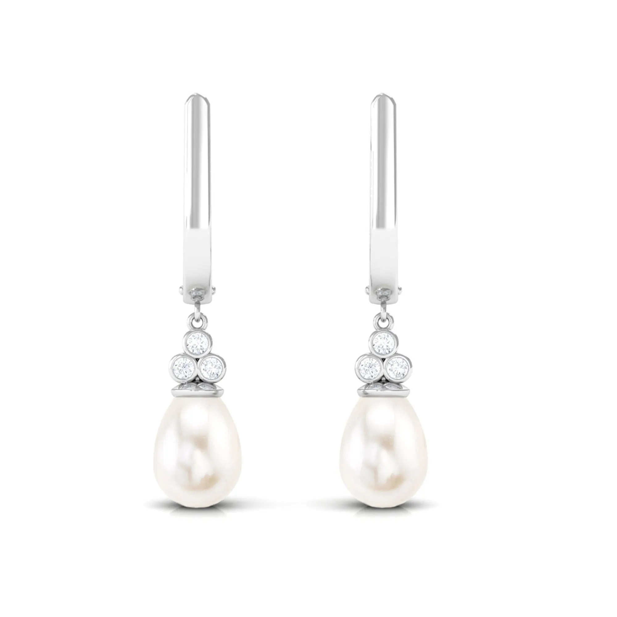 Freshwater Pearl Teardrop Latch Back Earrings with Diamond